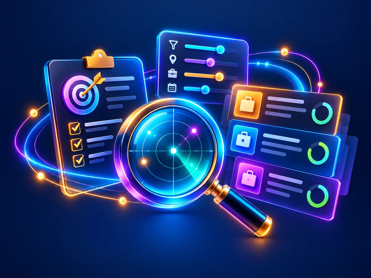 Business opportunity discovery graphic showing target, search filters and task cards