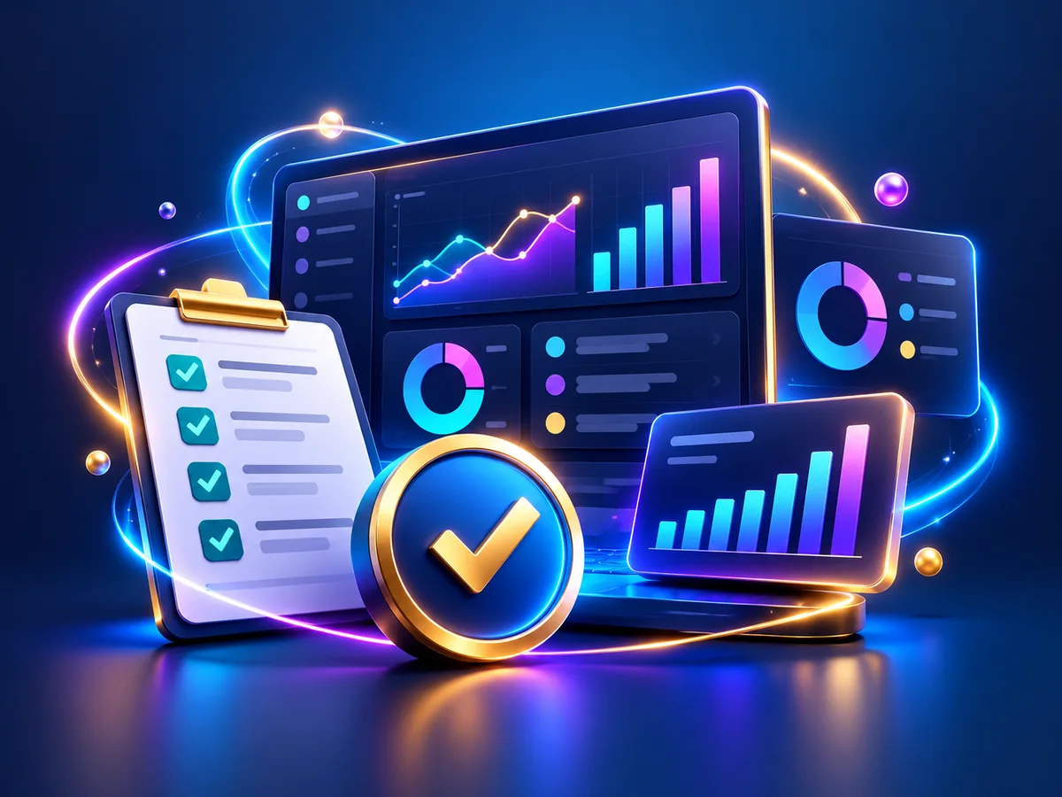 Digital verification dashboard with charts, a checklist and completed checks
