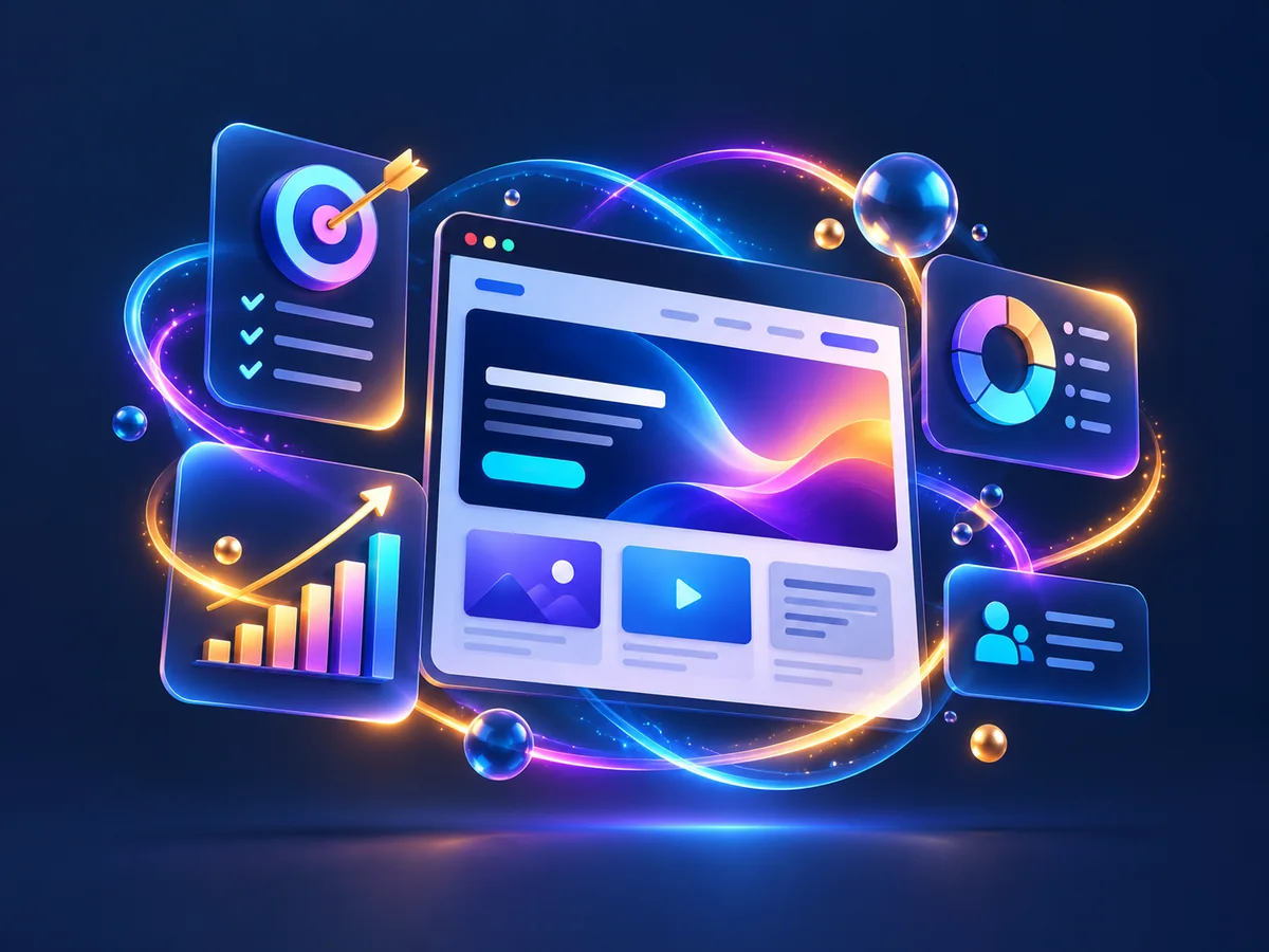 Colourful digital marketing dashboard with website and analytics panels
