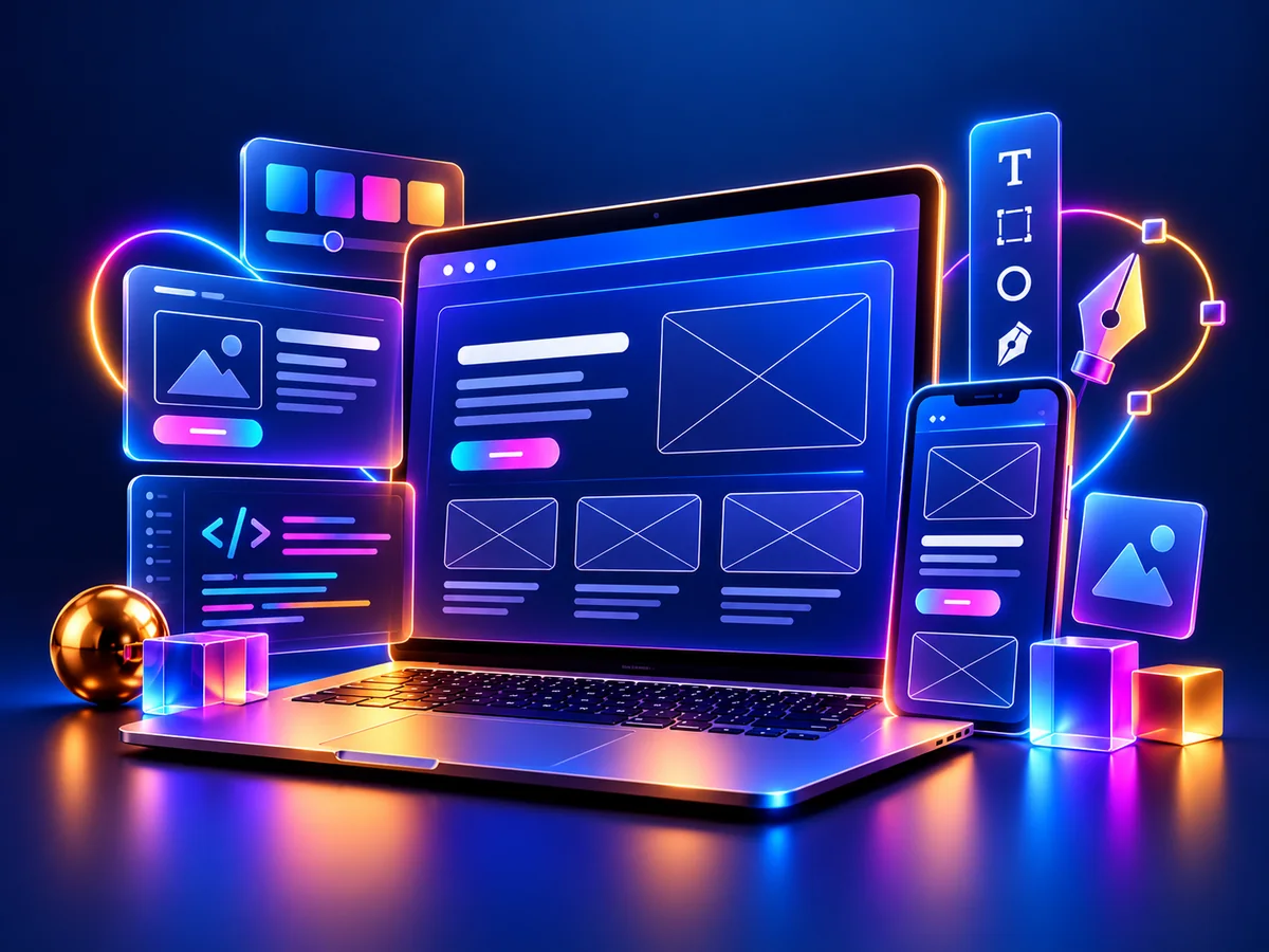 Laptop and mobile screens showing responsive website design tools and layouts